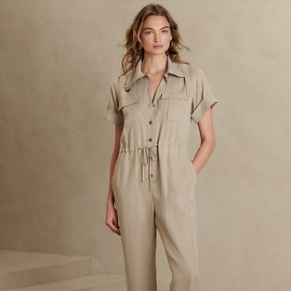 Banana Republic Factory Beige Short-Sleeve Utility Jumpsuit
